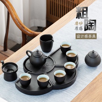 整套功夫茶具家用客廳陶瓷干泡茶盤茶壺茶杯簡約粗陶茶具套裝