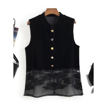 美醉！復古時髦感！新中式國風立領刺繡歐根紗拼接絲絨馬甲外套女