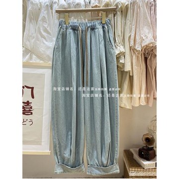 日系復古寬松哈倫褲休閑時尚九分褲做舊牛仔褲小個子顯瘦卷邊褲夏