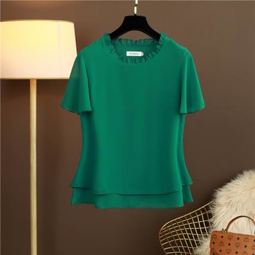 胖mm短袖上衣荷葉領寬松雪紡衫