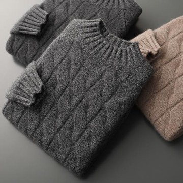 三股加厚保暖100%純山羊絨衫男半高領扭花毛衣輕奢男裝針織打底衫