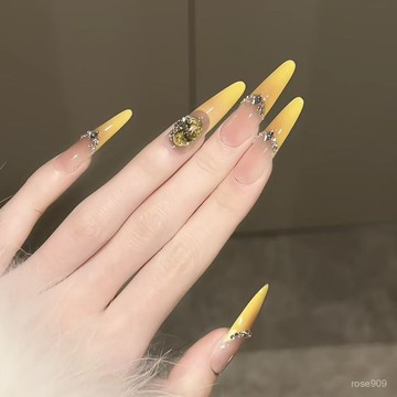 ➕最新設計款穿戴甲💅手工穿戴甲黃色法式腮紅暈染滿鑽爆閃甲片高級感甜美顯白美甲貼片長款穿戴甲 VRN9