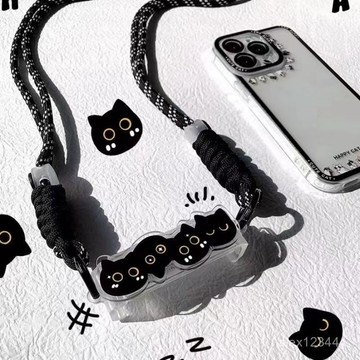 🔥臺灣發貨🔥卡通眼鏡黑貓咪背夾斜跨繩原創適用手機便攜防丟可斜跨背帶繩女款