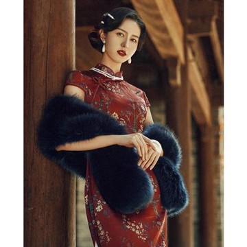 民國風毛絨毛毛外搭旗袍披肩黑色皮草毛披肩軍閥太太圍脖拍照道具