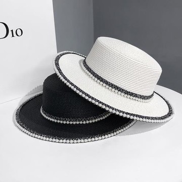 法式復古珍珠草帽女防曬夏天海邊出游沙灘遮陽帽子防紫外線太陽帽