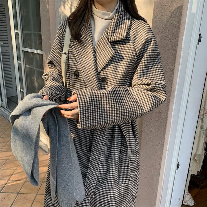 千鳥格子コート 襟付きロングコート 女性 冬 レトロ ルーズ