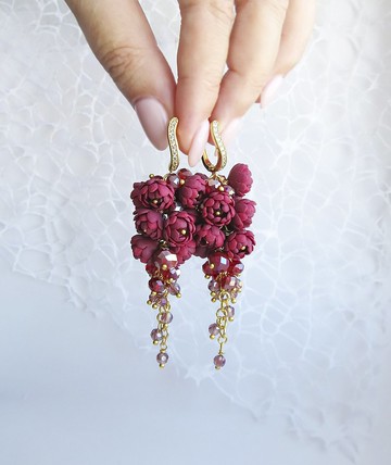 勃艮第牡丹耳環牡丹長耳環花朵聚合物粘土瑪莎拉