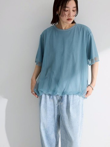 薄紗拼接燈籠袖圓領休閒上衣(06000752700) - Green Parks