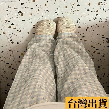 🌈台倉出庫🌈 小貓格子睡褲女夏季薄款外穿遛彎褲寬鬆慵懶風涼涼褲輕薄舒適 大碼冰感長褲 休閑闊腿褲 冰絲長褲 降溫褲