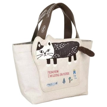 kUSUgURU JAPAN 日本眼鏡貓 Matilda-san系列 前口袋立體貓尾巴寬口拉鍊時尚托特包  米白色  21 x 13 x 23cm