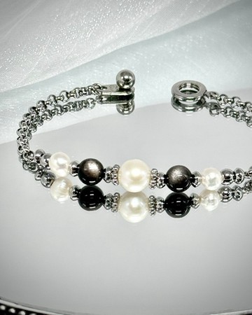 True Wish - 捕夢網珍珠手鍊/醫療鋼/淡水珍珠/銀曜石/黑曜石