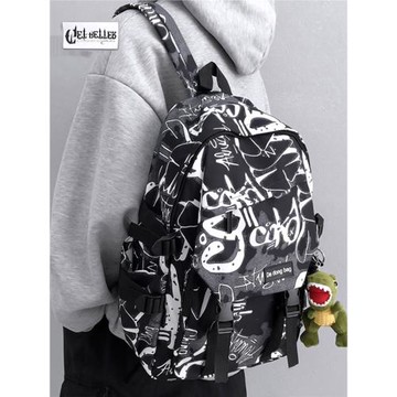 潮牌雙肩包男ins潮酷大容量涂鴉背包男士休閑大學生書包男初中生