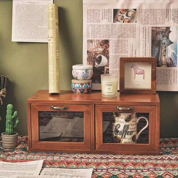 【含稅/免運】 桌面化妝品口紅收納盒電腦增高架復古木質柜抽屜式桌上物品置物架