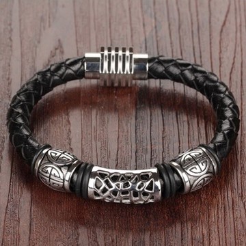 米蘭精品真皮手環 鈦鋼手鍊-復古吉祥壽字雕刻男飾品73cq36