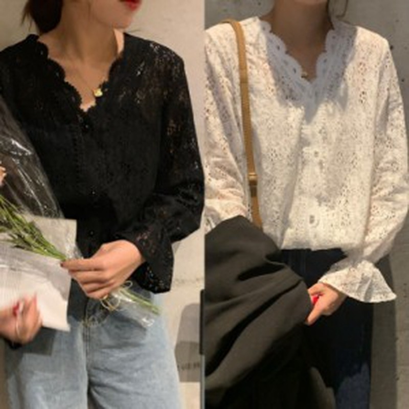 ブラウス レース 刺繍 レース ブラウス 白 黒 長袖 韓国 ファッション レディース 春服 夏服 レディース 春 夏 トップス スカラップ Vネ 通販 Lineポイント最大get Lineショッピング