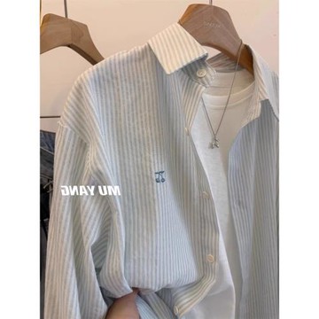 韓國櫻桃刺繡豎條紋長袖襯衫女夏薄款休閑百搭襯衣獨特超好看上衣