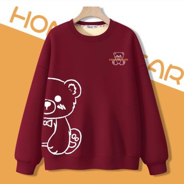 2025年新款酒紅色加絨加厚內搭打底衛衣女裝秋冬季銀狐絨圓領外套