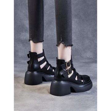 真皮高幫羅馬涼鞋女款2025新款配裙子外穿高跟鏤空夏天靴子皮涼靴