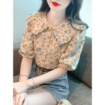 時尚復古碎花雪紡襯衫女裝2025年夏季新款法式襯衣娃娃領別致上衣