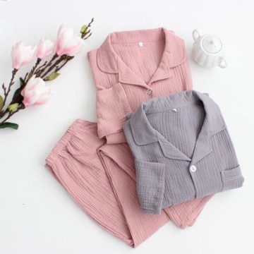 簡約情侶睡衣水洗縐布春秋純棉薄款套裝全棉男女純色長袖家居服