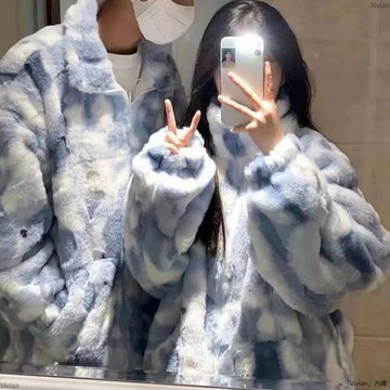 扎染羊羔毛外套女秋冬寬鬆學生加厚加絨拉鍊立領上衣