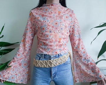 復古花卉網眼襯衫喇叭袖透明嬉皮波西米亞風格高領上衣