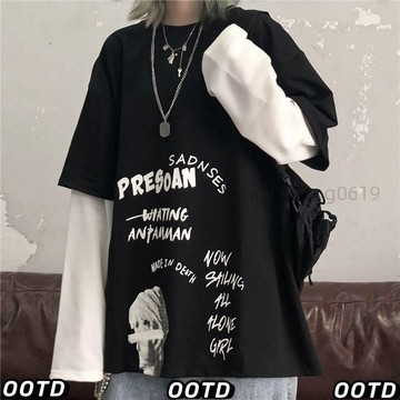 大尺碼 假两件 T恤女 韓國ulzzang長袖t恤男女假兩件原宿嘻哈街舞情侶裝oversize上衣女