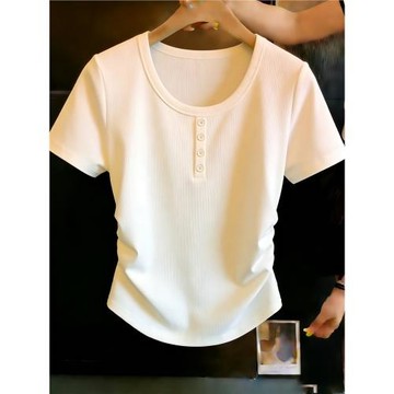 極簡通勤風白色圓領短袖t恤女夏季紐扣裝飾修身顯瘦減齡百搭上衣