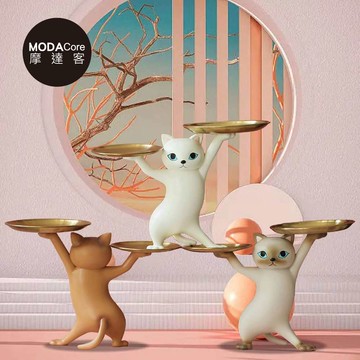 摩達客◉自信魅力好運貓頂托盤擺飾-高級灰白款-聚寶盆糖果收納