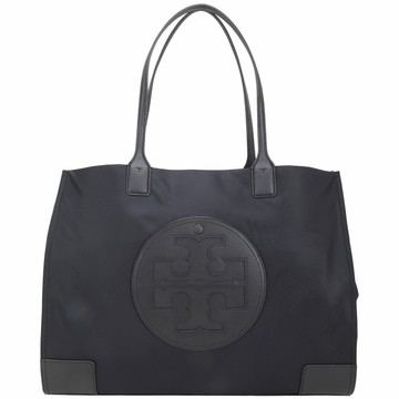 TORY BURCH Ella 皮革徽章前袋 拼接尼龍托特包(黑色)
