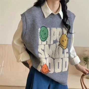韓版笑臉字母提花針織女馬甲秋季新款寬松慵懶風馬甲襯衫兩件套裝 氣質上衣 冬天衣服 大碼女裝 長袖上衣 顯瘦上衣 法式上衣