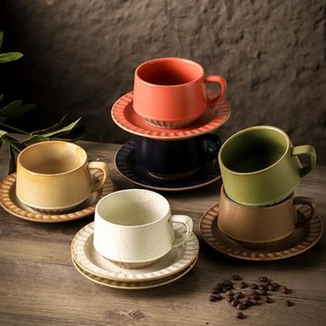 復古粗陶咖啡杯現代簡約陶瓷杯碟套裝家用拿鐵杯拉花杯卡布奇諾杯