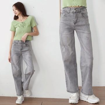 絕美小眾奶灰 牛仔寬筒褲-【161-6829】