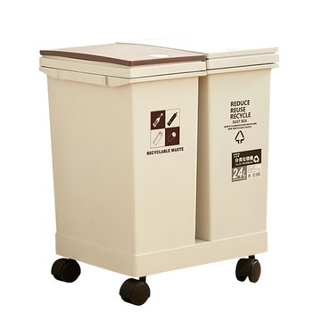 FAmILyLIFE 生活 彈蓋雙槽分類垃圾桶 附輪 24L 1.8kg  34 x 28 x 43cm  米色