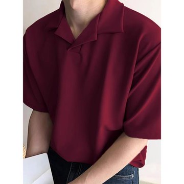 (免運)古巴領襯衫男士夏季冰絲綢緞面半袖襯衣高級感酒紅色休閑短袖T恤