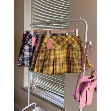 新款上市 FOR QUEENS 複古短裙黃色格子百褶裙辣妹顯瘦小個子高腰半身裙ins