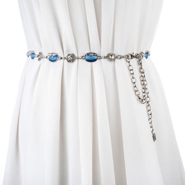 時尚百搭水鉆鑲嵌女士金屬腰鏈 貓眼石水晶裝飾腰帶配裙子鏈條女