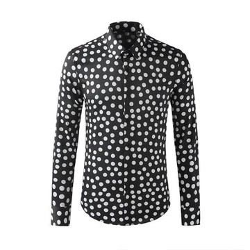 秋季新款潮流全身圓點數碼印花男裝襯衫長袖修身抗皺休閑百搭襯衣