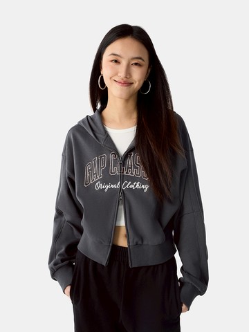 女裝 Logo刺繡印花短版連帽外套-深灰色