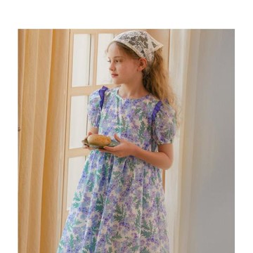 女童夏裝新品連衣裙夏季泡泡袖撞色木耳邊甜美中大童碎花裙子