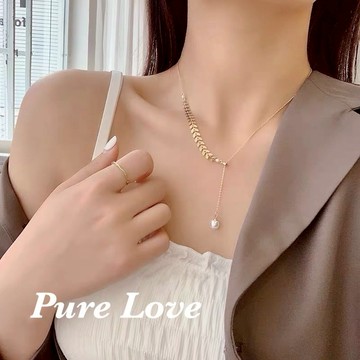 Pure Love樂芙 /正韓 鈦鋼【316L醫療鋼】G01117麥穗珍珠吊墜鎖骨鏈 短項鏈 / 金