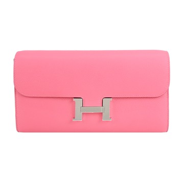 HERMES Constance to go Evercolor&Swift 皮革扣長夾/斜背兩用包(Z刻/杜鵑粉8W/銀釦)