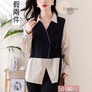 假兩件翻領條紋斜襟釦飾飄帶襯衫 L-4XL【014314X】【現+預】☆流行前線☆