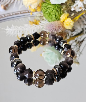 戰神-男款水晶手鍊/ 穩定/平安/抵禦負能量 /銀曜石/茶晶/黑膽石