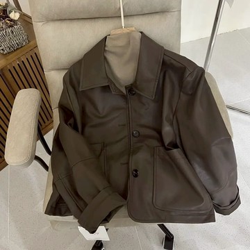 皮衣早秋復古簡約高級感時尚pu皮短款翻領皮夾克工裝疊穿【倪醬】