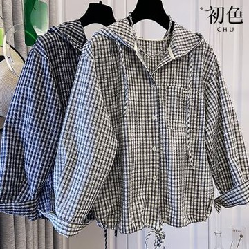 初色 港風復古格子寬鬆休閒長袖開衫連帽襯衫外套女外套-共2色-18505(M-3XL可選)