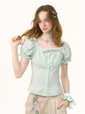 ziziFei夏新款美式復古設計感綠色格子泡泡袖方領上衣短袖襯衫女