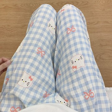 台灣出貨 新款卡通睡褲女韓版寬鬆大碼春夏居家褲休閒外穿格子凱蒂貓睡褲秋 長褲睡褲 單件睡褲 居家褲 睡褲 舒適透氣