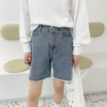 帥氣?牛仔中褲 光板百搭五分褲 毛邊寬松闊腿夏季短褲