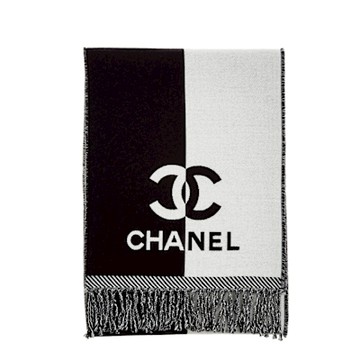 CHANEL香奈兒 經典雙色雙C LOGO羊毛流蘇圍巾 (黑白)